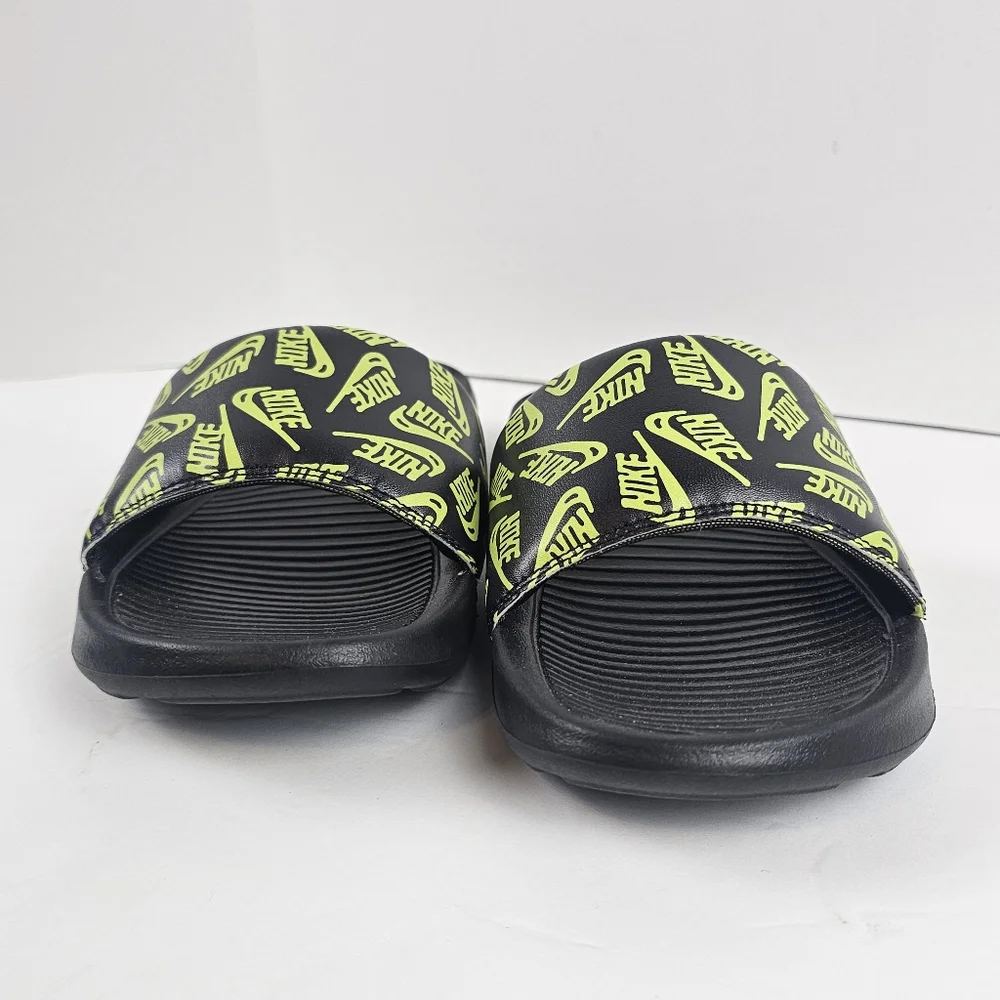 Nike Victori One Black/Neon Green Volt Logo Print Sport Slides Size 8 Lounge